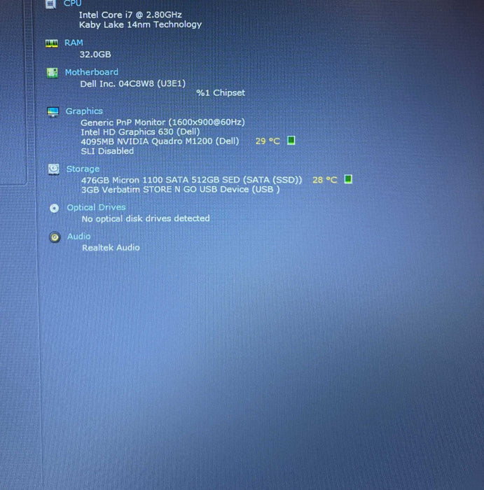 Dell Precision 7720 i7-7700HQ@2.8Gh QUADRO M1200 4GB GPU 32GB RAM 512SSD READ Q Lap200
