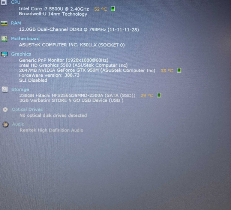 Asus K501L i7-5500U@2.4GHz GeForce GTX 950M 2GB GPU 12GB RAM 256GB SSD  BudLap
