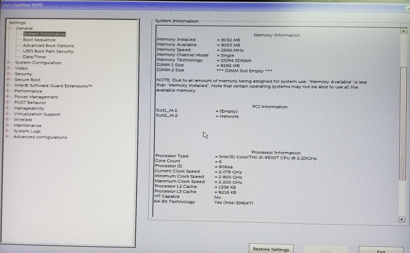 Dell OptiPlex 5070 USFF | Intel Core i5-9500 @ 2.20 GHz | 8GB DDR4 - NO HDD