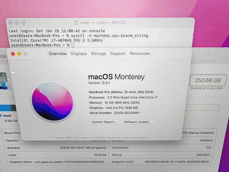 Apple Macbook Pro Retina 2015 15" 4-Core i7-4870HQ@2.5GHz 16GB DDR3 250GB SSD (