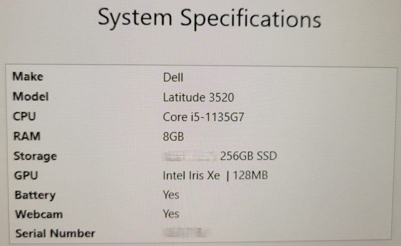 Dell Latitude 3520 - Core i5-1135G7 | 8GB | 256GB SSD + PWR % Lap200