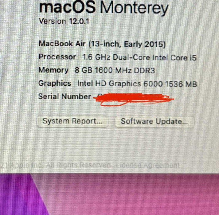 Apple MacBook Air 13" Early 2015 i5-5250U 8GB RAM 128GB SSD No Power Adapter