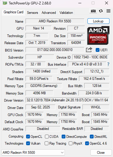AMD Radeon RX 5500 4GB GDDR6 Graphics Card - 2xDP 1xHDMI