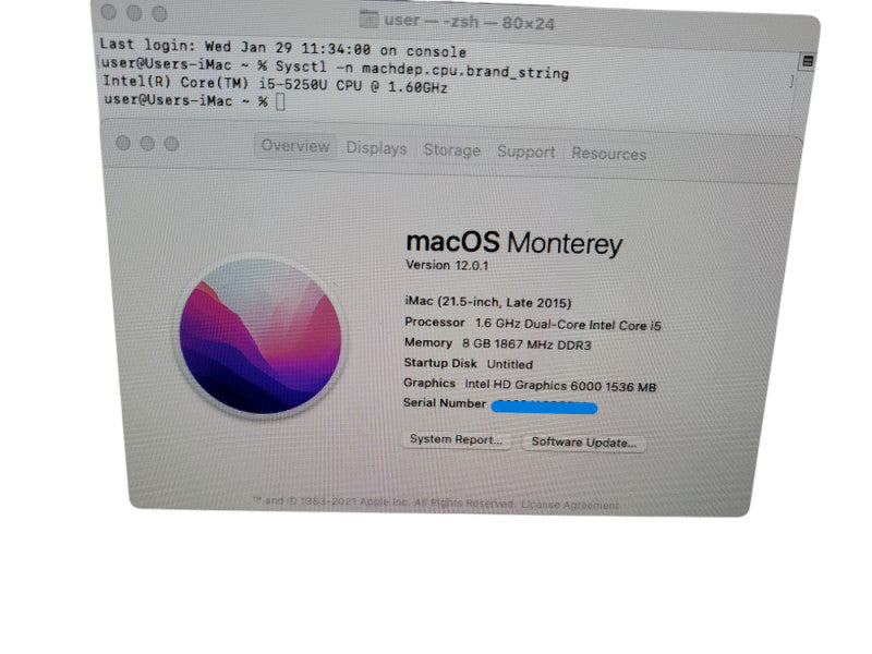 Apple iMac 21.5” 2015 A1418 Core i5-5250U - 8GB RAM - 1TB HDD
