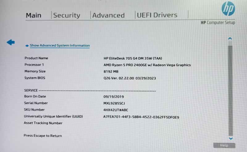 HP EliteDesk 705 G4 USFF | AMD Ryzen 5 Pro 2400GE |  8GB RAM - NO HDD| Q