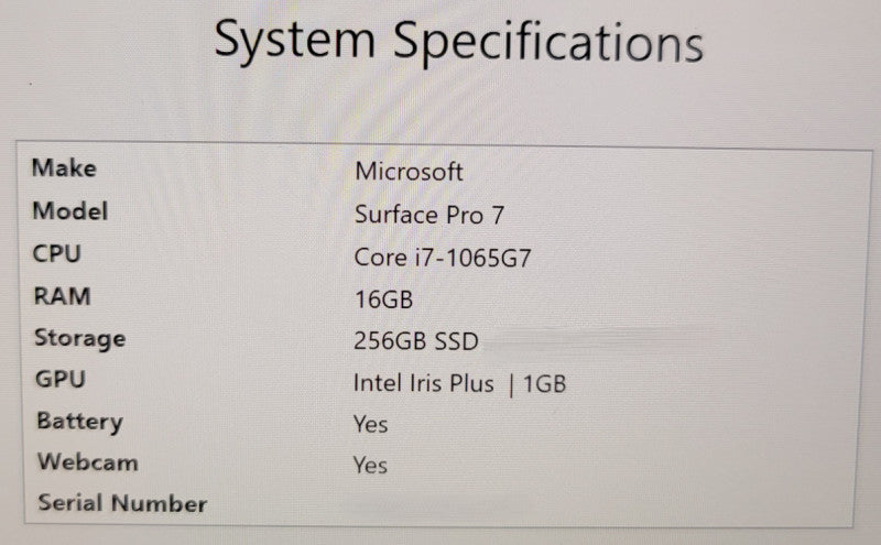 Microsoft Surface Pro 7 (1866) 13" - Core i7-1065G7 | 16GB | 256GB SSD (READ) %