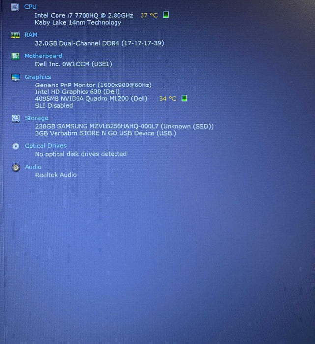 Dell Precision 7720 i7-7700HQ QUADRO M1200 4GB GPU 32GB RAM 256GB SSD READ!  Lap200