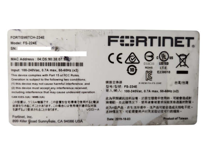 Fortinet FortiSwitch FS-224E 24 Port Managed Ethernet Switch