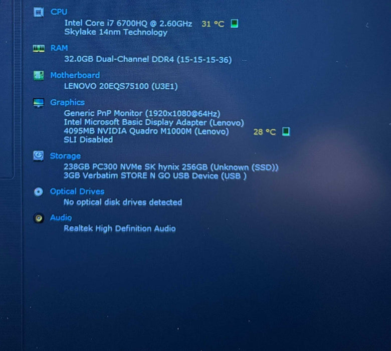 Lenovo ThinkPad P50 i7-6700HQ@2.6GHz QUADRO M1000M 4GB GPU 32GB 256SSD READ!  Lap200