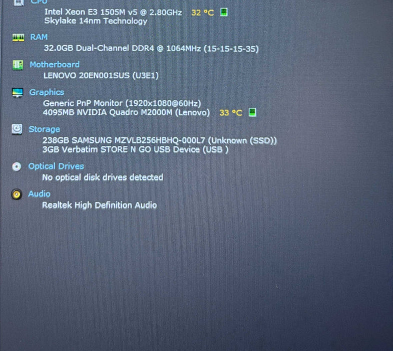 Lenovo ThinkPad P50 XEON E3-1505M v5@2.8GHz QUADRO M2000M 4GB GPU 32GB 256SSD  Lap200