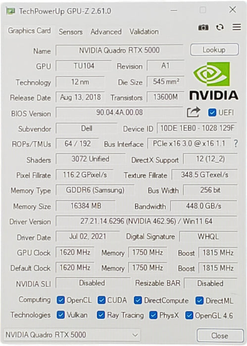 NVIDIA QUADRO RTX 5000 | 16GB GDDR6 Graphics Card | 4xDP