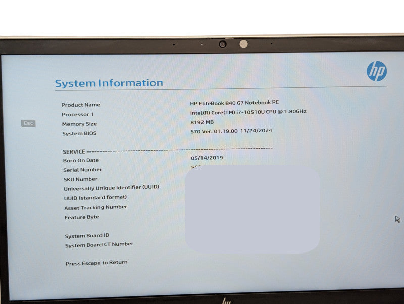 HP EliteBook 840 G7 Intel Core i7-10510U 8GB RAM & 256GB NVMe PLEASE READ  Q- Lap200