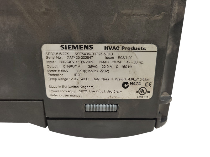 Siemens SED2-5.5/22X AC Drive 6SE6436-2UC25-5CA0 7.5HP 3Ph READ $