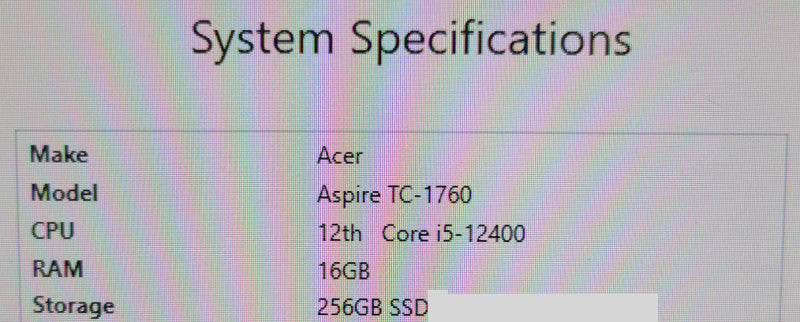 Acer Aspire TC-1760 - Core i5-12400 | 16GB RAM | 256GB NVMe %