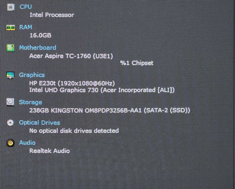 Acer Aspire TC-1760, Intel i5-12400 2.50GHz, 16GB DDR4, 256GB NVMe