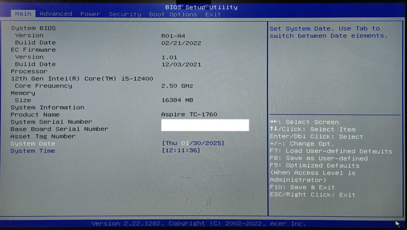 Acer Aspire TC-1760, Intel i5-12400 2.50GHz, 16GB DDR4, 256GB NVMe