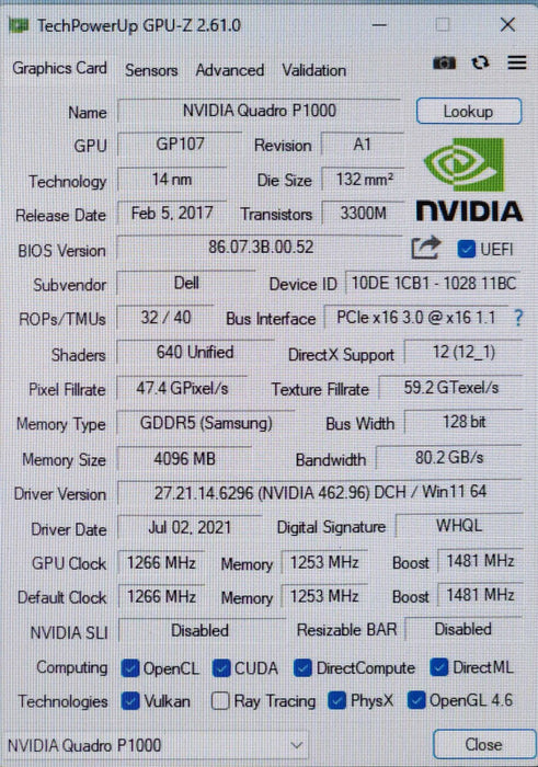 NVIDA Quadro P1000 4GB GDDR5 Graphics Card