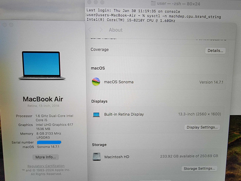 Apple MacBook Air 13" 2018 A1932 | i5-8210Y @1.6GHz 8GB RAM 256GB SSD - READ