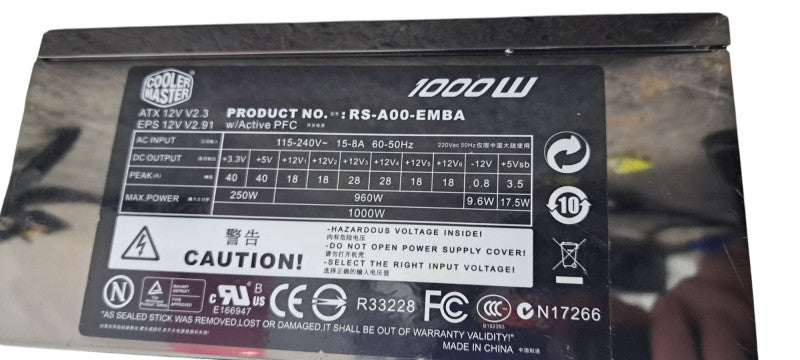 Cooler Master 1000 W 24 Pin ATX Desktop Power Supply RS-A00-EMBA Non-Modular