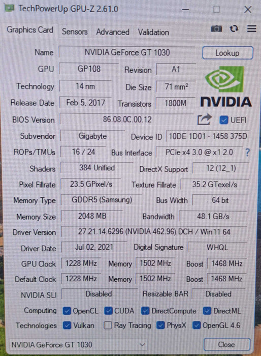 Gigabyte GeForce Silent GT1030 | 2GB GDDR5 Low Profile Graphics Card