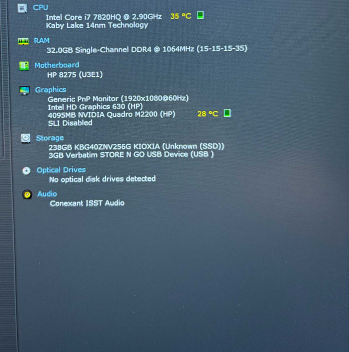 HP ZBook 15 G4 Core i7-7820HQ@2.9GHz QUADRO M2200 4GB GPU 32GB RAM 256GB SSD  Lap200