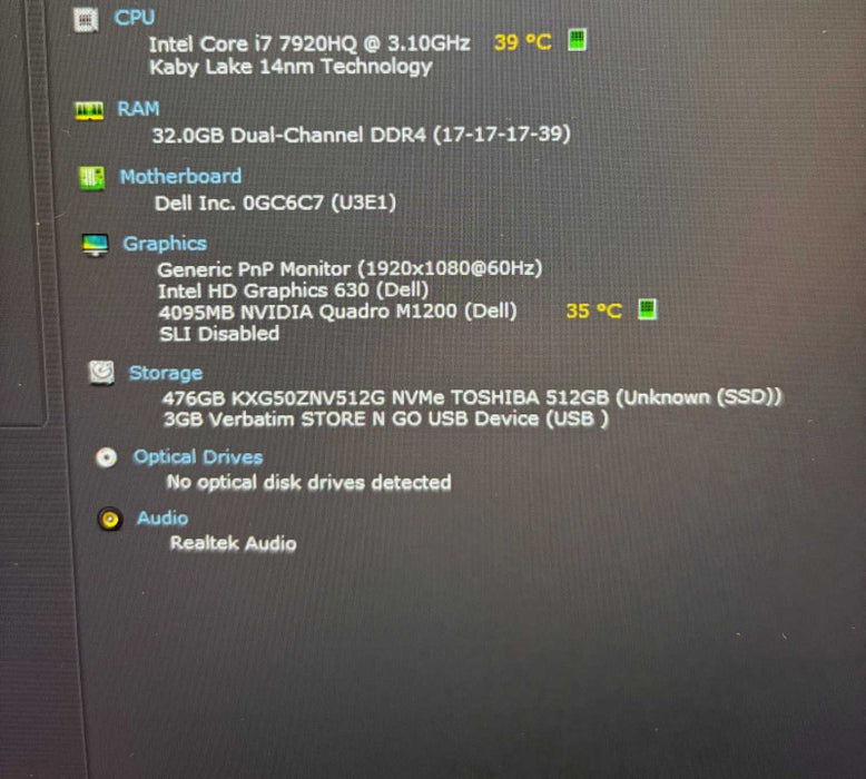 Dell Precision 7520 i7-7920HQ QUADRO M1200 4GB GPU 32GB RAM 512GB SSD READ  Lap200