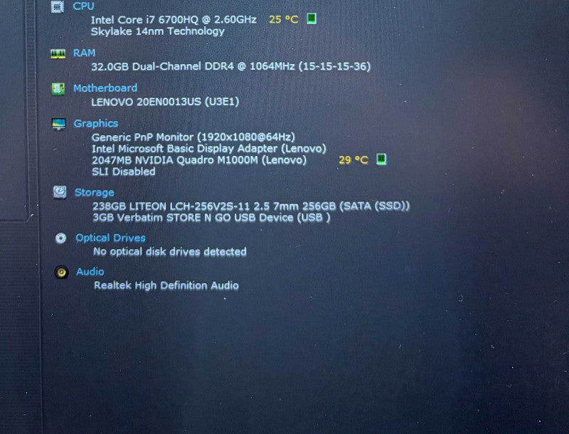 Lenovo ThinkPad P50 i7-6700HQ@2.6GHz QUADRO M1000M 2GB GPU 32GB RAM 256GB SSD  Lap200