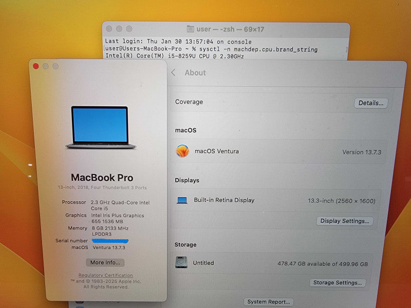 Apple MacBook Pro 13" 2018 A1989 | i5-8259U @2.3GHz 8GB RAM 512GB SSD - READ
