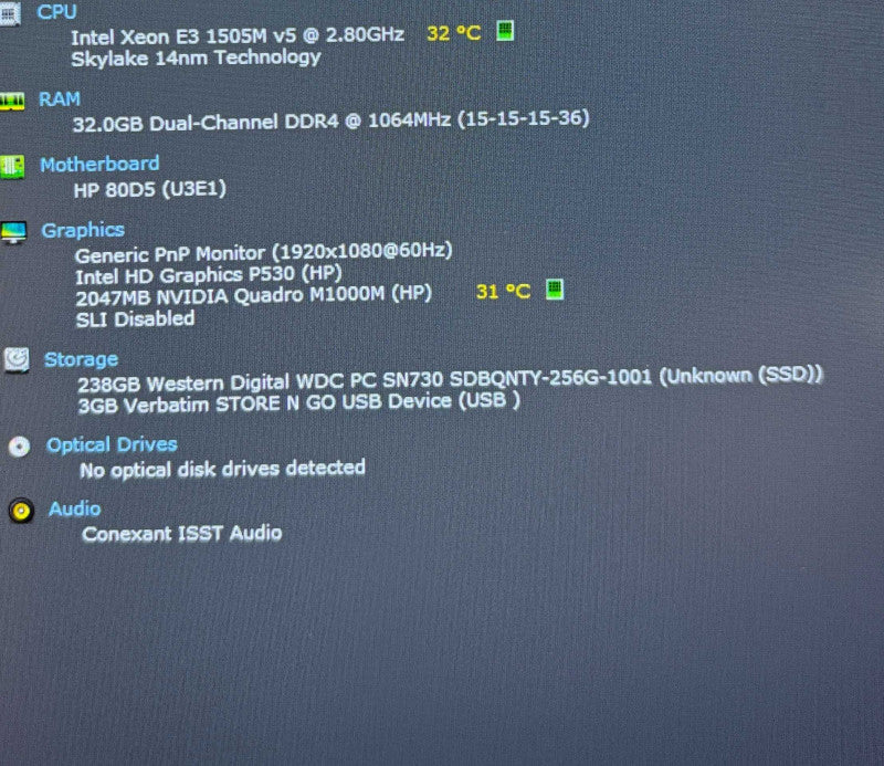 HP Zbook 15 G3 XEON E3-1505M v5@2.8GHz QUADRO M1000M 2GB GPU 32GB RAM 256SSD  Lap200