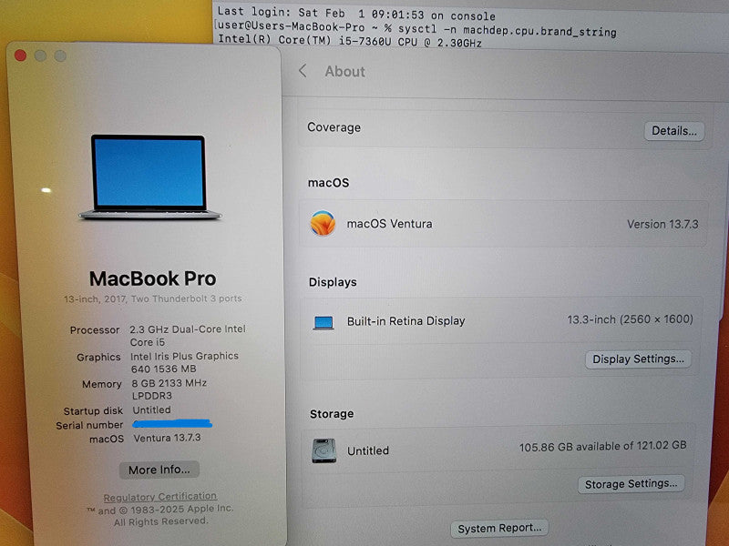 Apple MacBook Pro 13" 2017 A1708 | i5-7360U @2.3GHz 8GB RAM 128GB SSD - READ
