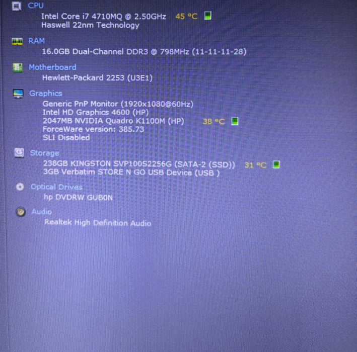 HP ZBook 15 G2 i7-4710MQ@2.5GHz QUADRO K1100M 2GB GPU 16GB RAM 256GB SSD Q Lap200