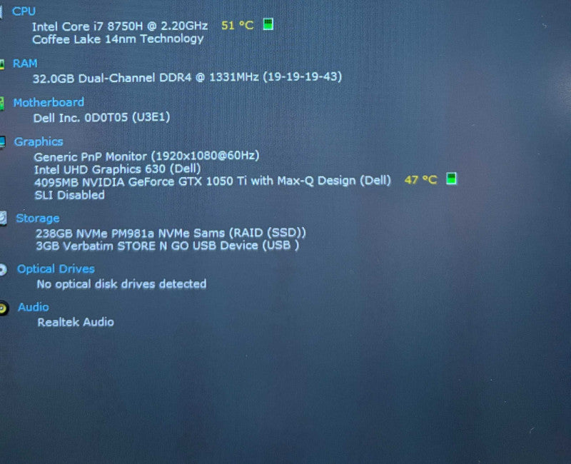 Dell XPS 15 9570 i7-8750H GeForce GTX 1050 4GB GPU 32GB RAM 256GB SSD  Lap200