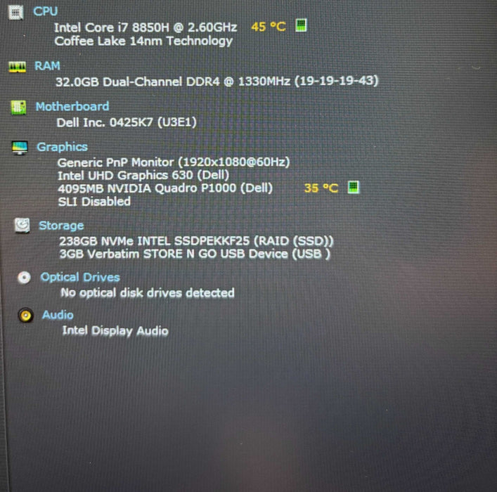 Dell Precision 7530 i7-8850H QUADRO P1000 4GB GPU 32GB RAM256GB SSD READ  Lap200