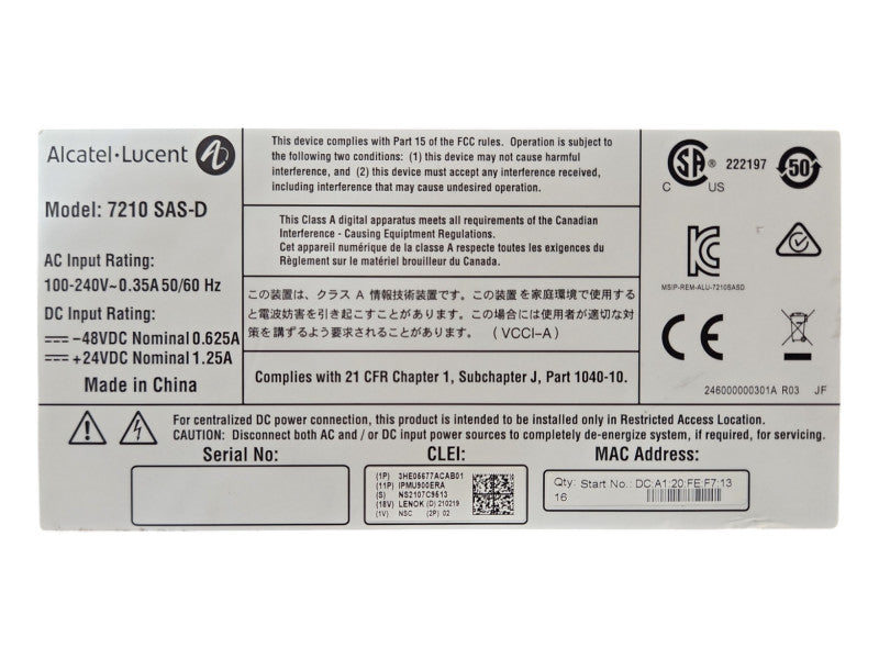 Nokia Alcatel Lucent 7210 SAS-D 6-SFP/4-TX Service Access Switch