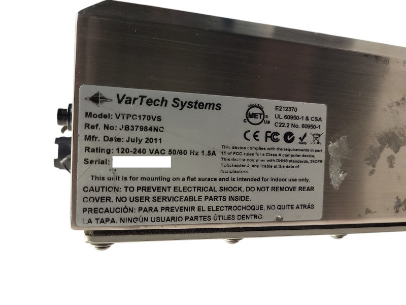 Vartech Systems vtpc170vs Stainless Steel Touch Screen Computer Panel READ $