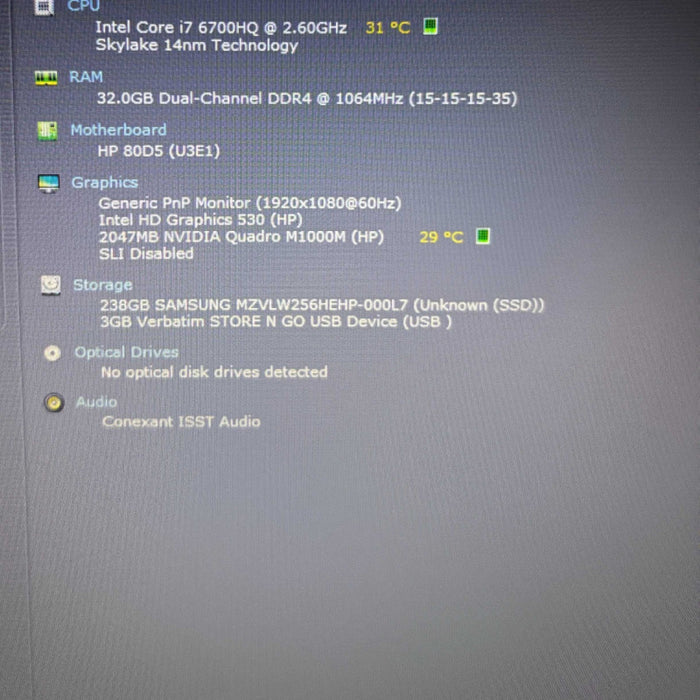 HP ZBook 15 G3 i7-6700HQ@2.6GHz QUADRO M1000M 2GB GPU 32GB RAM 256GB SSD  Lap200