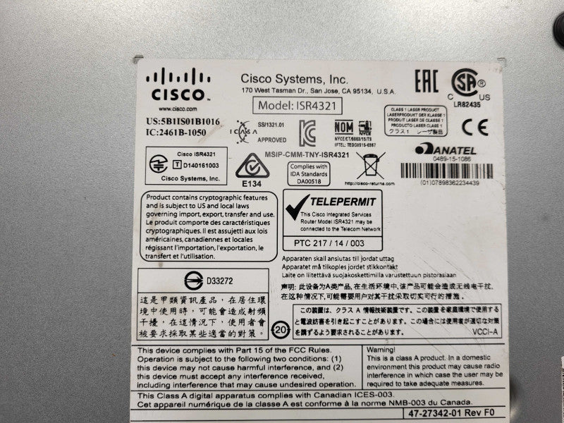 Cisco 4300 Series ISR4321/K9 Integrated Services Router READ Q$