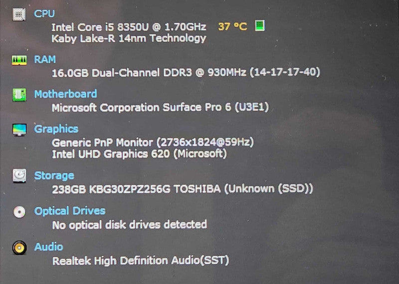 Microsoft Surface Pro 6 (1796) - i5-8350U, 16GB RAM, 256GB SSD  Lap200