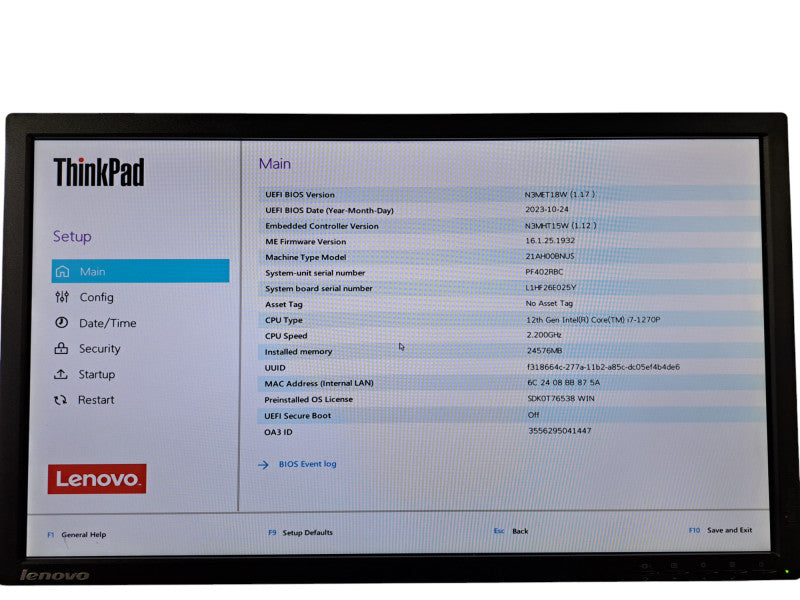 Lenovo T14 Gen 3 | Core i7-1270P @2.20GHz, 24GB DDR4, 512GB NVMe *No Screen*  Lap200