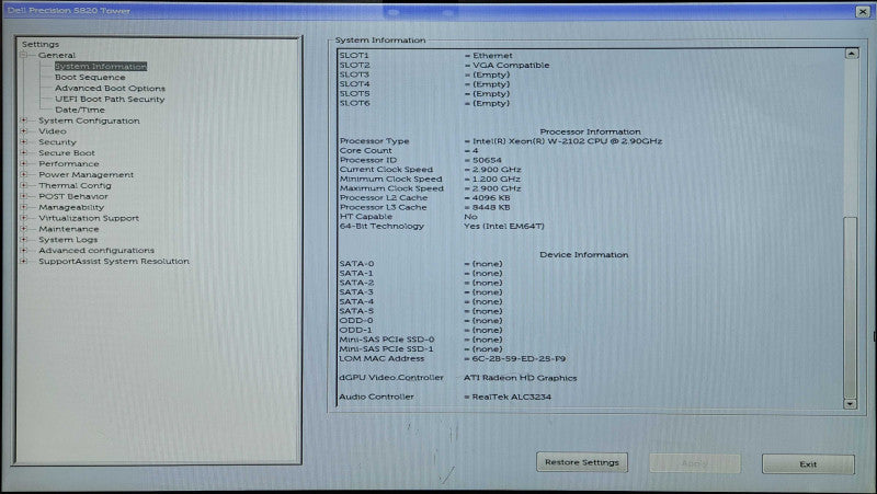 Dell Precision T5820, Xeon W-2102 2.90GHz, 16GB DDR4, No GPU/HDD, 425W PSU