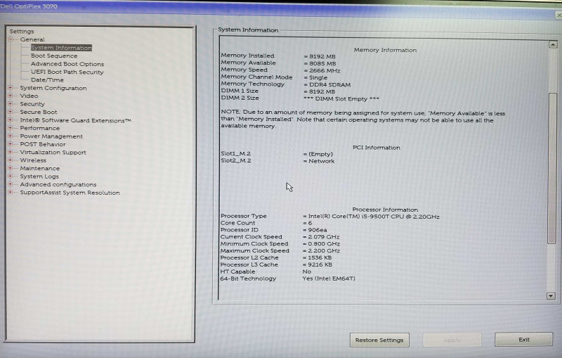 Dell OptiPlex 3070 USFF | Intel Core i5-9500T @ 2.20 GHz | 8GB DDR4 - NO HDD Q