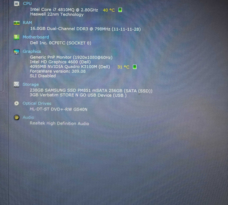 Dell Precision M6800 i7-4810MQ@2.8Gh QUADRO K3100M 4GB GPU 16GB RAM 256GB SSD  Lap200