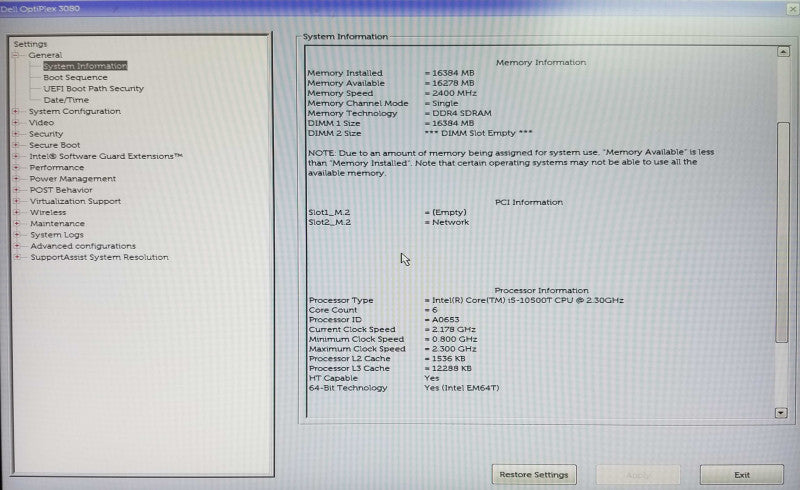 Dell OptiPlex 3080 USFF | Intel i5-10500T CPU @230 GHz | 16GB RAM - NO HDD