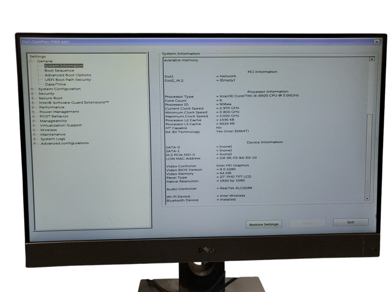 Dell OptiPlex 7760 AIO 27" Intel i5 8500 3.0GHz 16GB RAM | No HDD Q