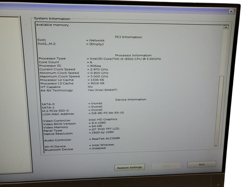 Dell OptiPlex 7760 AIO 27" Intel i5 8500 3.0GHz 16GB RAM | No HDD Q