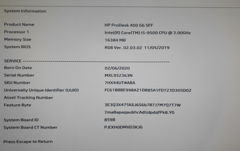 HP ProDesk 400 G6 SFF, i5-9500 CPU @ 3.00 GHz, 16GB DDR4, No HDD/OS Q