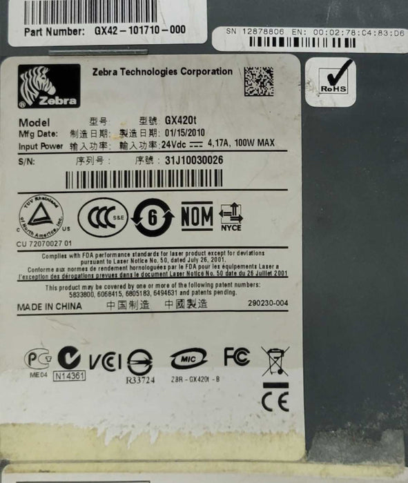 Zebra GX420T USB/Serial Thermal Label Printer GX42-101710-000, Read _