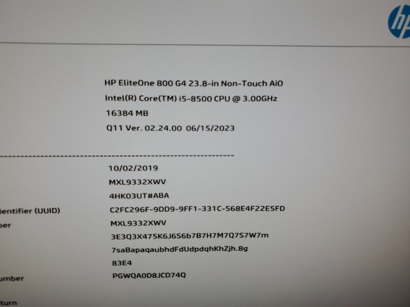 HP EliteOne 800 G4 23.8" Non-Touch AiO i5-8500 3GHz 16GB Q