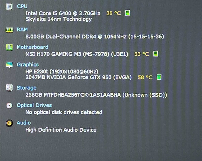 Custom PC, msi H170 Gaming M3, i5-6400 2.70GHz, 8GB RAM, 256GB NVMe, GTX950