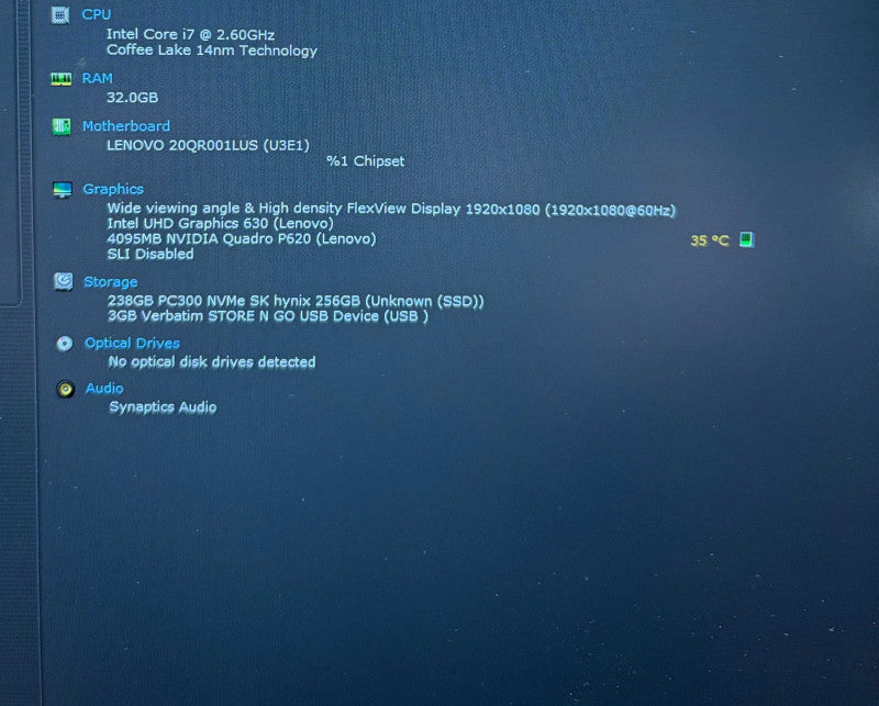 Lenovo ThinkPad P73 i7-9750H@2.6GHz QUADRO P620 4GB GPU 32GB RAM 256GB SSD  Lap200
